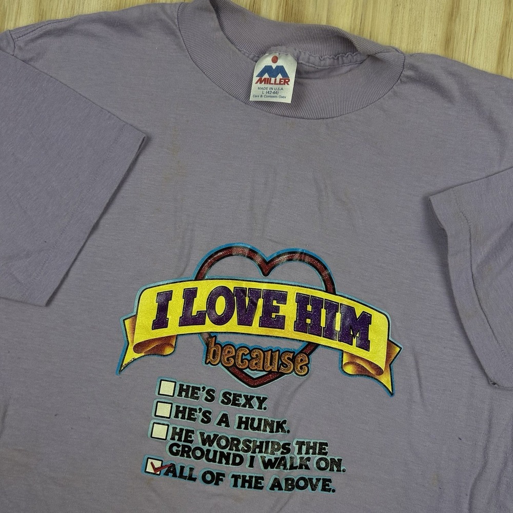 True Vintage Iron On I Love Him Because Humor Funny T Purple Women's Size L‎